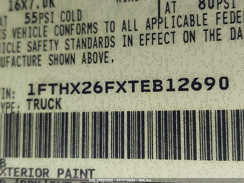 1996 Ford F250 VIN: 1FTHX26FXTEB12690 Lot: 39893585