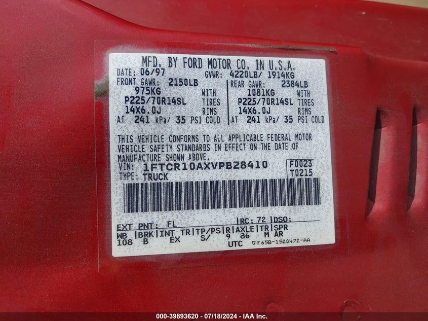 1997 Ford Ranger VIN: 1FTCR10AXVPB28410 Lot: 39893620