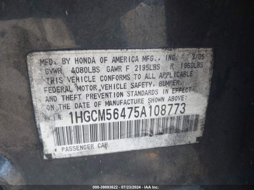 2005 Honda Accord 2.4 Lx VIN: 1HGCM56475A108773 Lot: 39893622