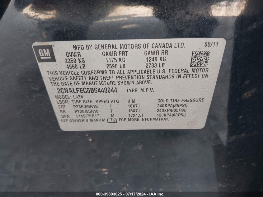 2011 Chevrolet Equinox Ltz VIN: 2CNALFEC5B6440044 Lot: 39893625