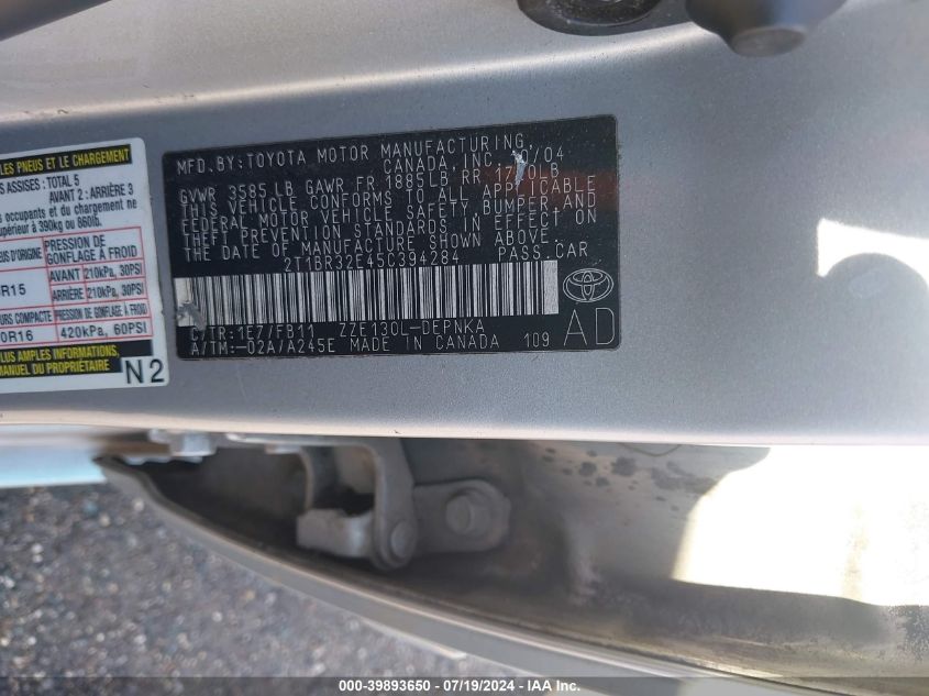 2005 Toyota Corolla Ce/Le/S VIN: 2T1BR32E45C394284 Lot: 39893650