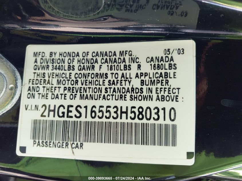 2003 Honda Civic Lx VIN: 2HGES16553H580310 Lot: 39893665