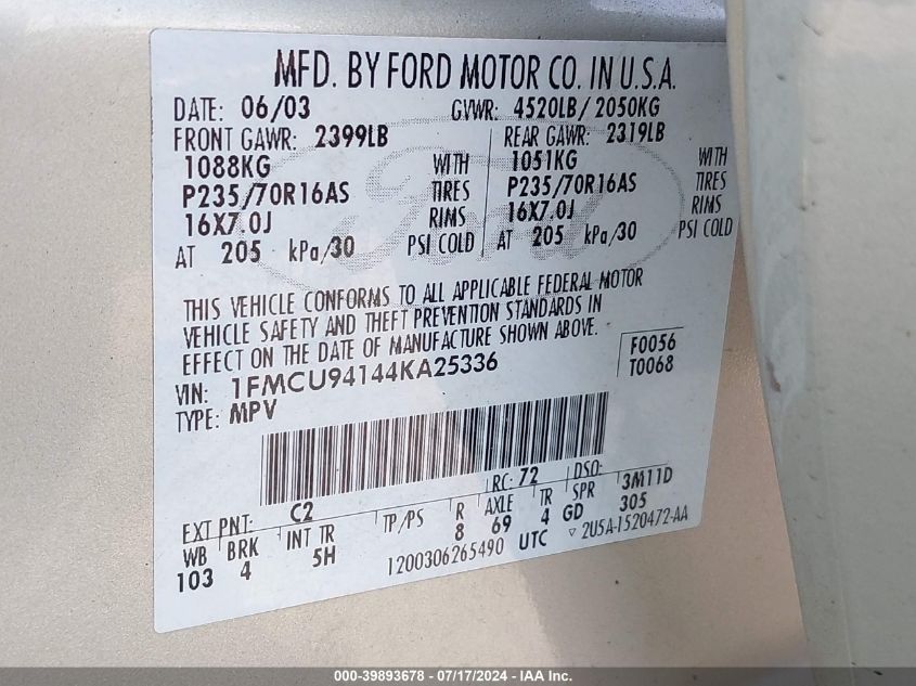 2004 Ford Escape Limited VIN: 1FMCU94144KA25336 Lot: 39893678