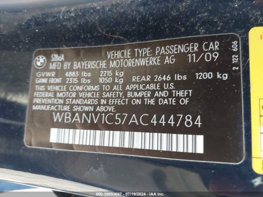 2010 BMW 528I xDrive VIN: WBANV1C57AC444784 Lot: 39893687