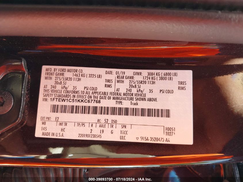 2019 Ford F-150 Lariat VIN: 1FTEW1C51KKC67768 Lot: 39893700