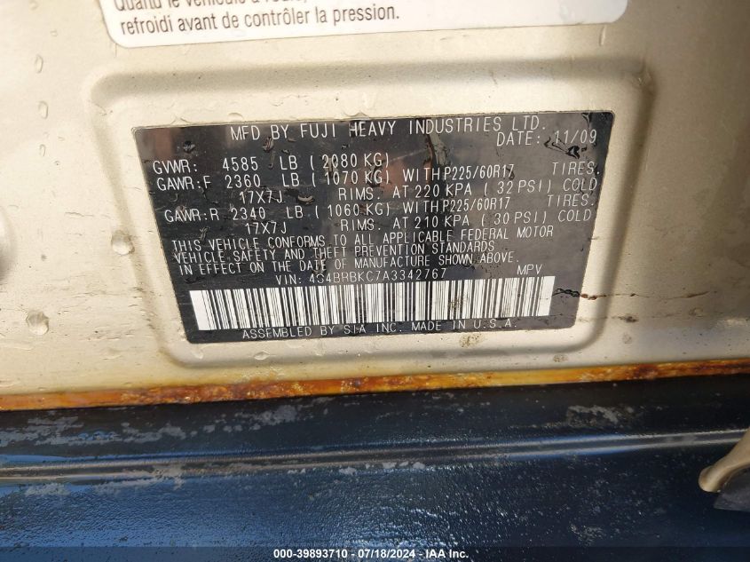 2010 Subaru Outback 2.5I Limited VIN: 4S4BRBKC7A3342767 Lot: 39893710