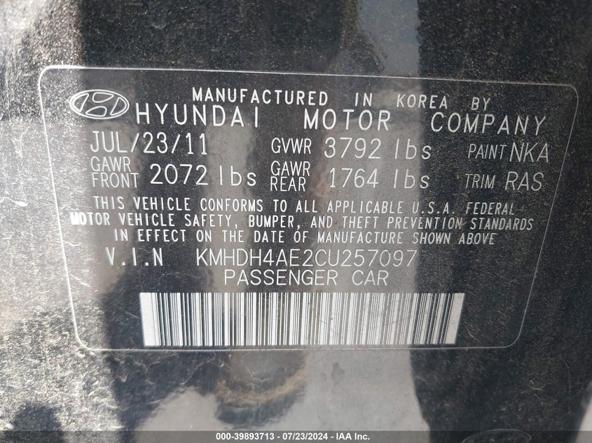 2012 Hyundai Elantra Limited (Ulsan Plant) VIN: KMHDH4AE2CU257097 Lot: 39893713