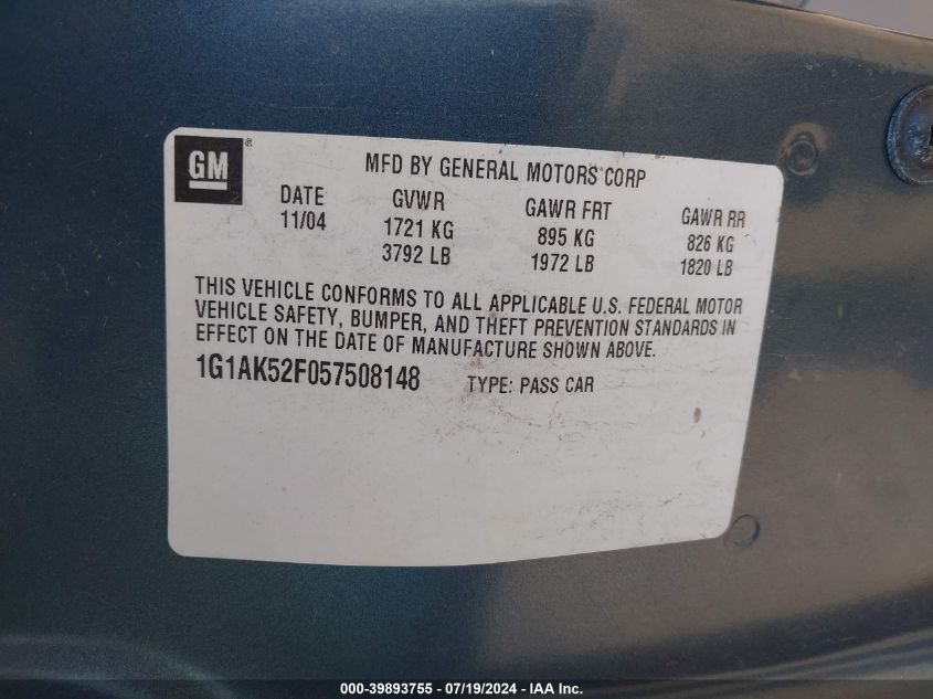 2005 Chevrolet Cobalt VIN: 1G1AK52F057508148 Lot: 39893755