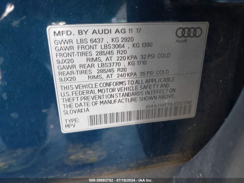 2018 Audi Q7 Premium Plus VIN: WA1LHAF76JD021780 Lot: 39893782