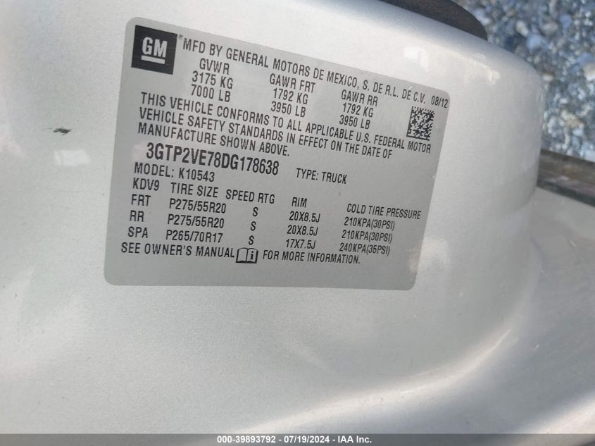 2013 GMC Sierra K1500 Sle VIN: 3GTP2VE78DG178638 Lot: 39893792