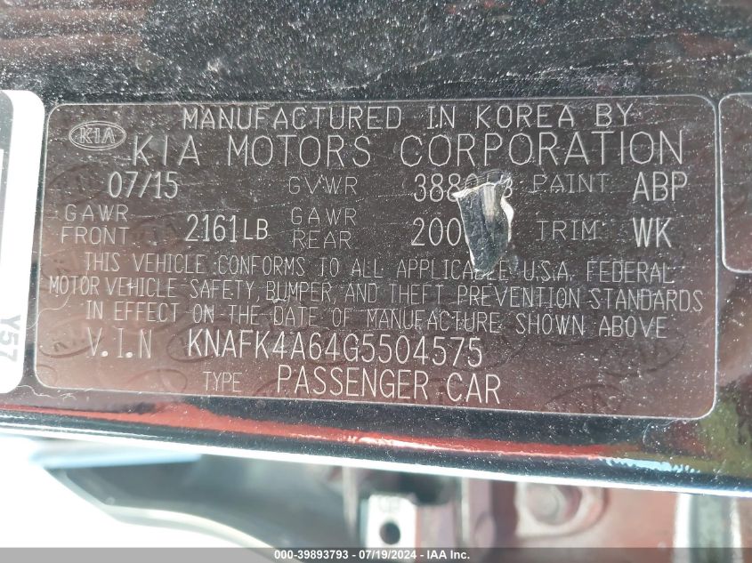 2016 Kia Forte Lx VIN: KNAFK4A64G5504575 Lot: 39893793