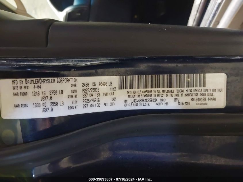 2004 Jeep Grand Cherokee Laredo/Columbia/Freedom VIN: 1J4GW48S64C358194 Lot: 39893807