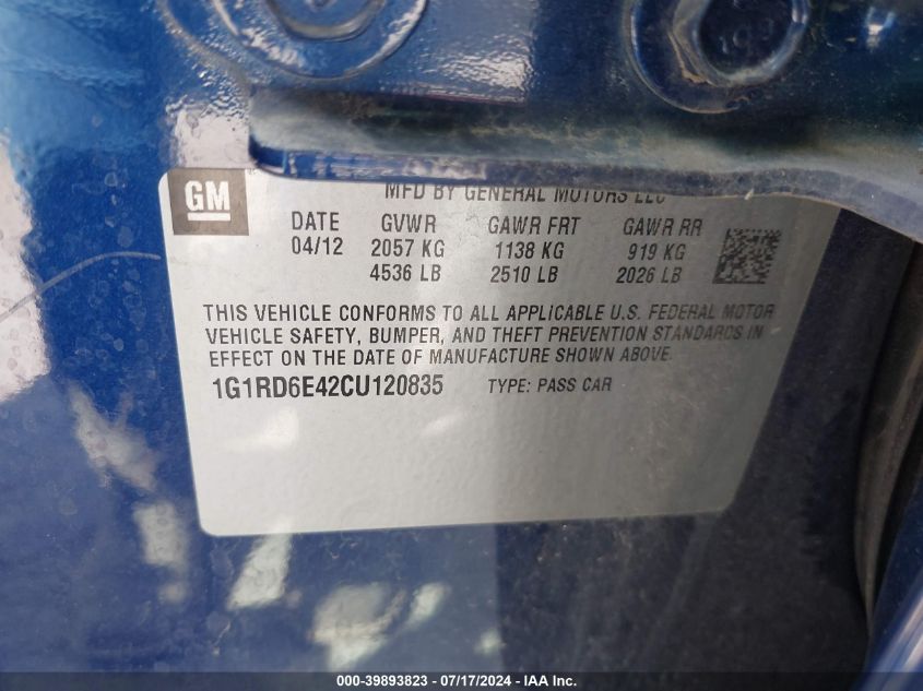 2012 Chevrolet Volt VIN: 1G1RD6E42CU120835 Lot: 39893823