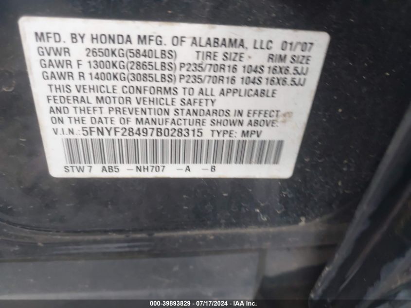 2007 Honda Pilot Ex VIN: 5FNYF28497B028315 Lot: 39893829