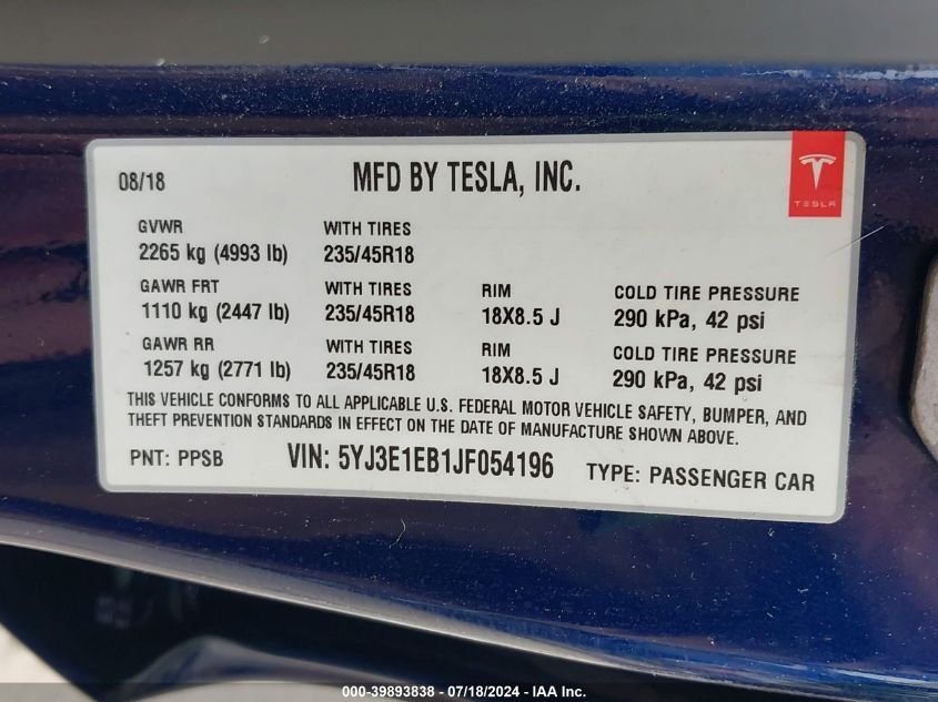 2018 TESLA MODEL 3 LONG RANGE/PERFORMANCE - 5YJ3E1EB1JF054196