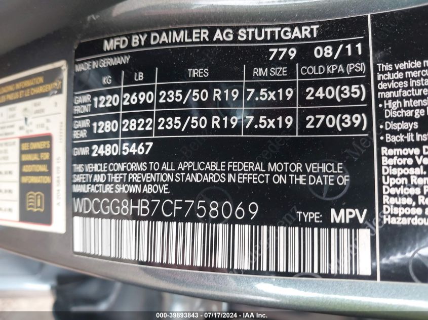 2012 Mercedes-Benz Glk 350 4Matic VIN: WDCGG8HB7CF758069 Lot: 39893843