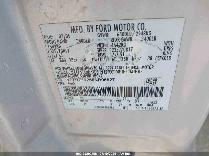 2005 Ford F-150 Stx/Xl/Xlt VIN: 1FTRF12265NB96627 Lot: 39893858