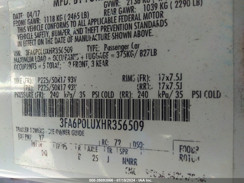 2017 Ford Fusion Hybrid Se VIN: 3FA6P0LUXHR356509 Lot: 39893866