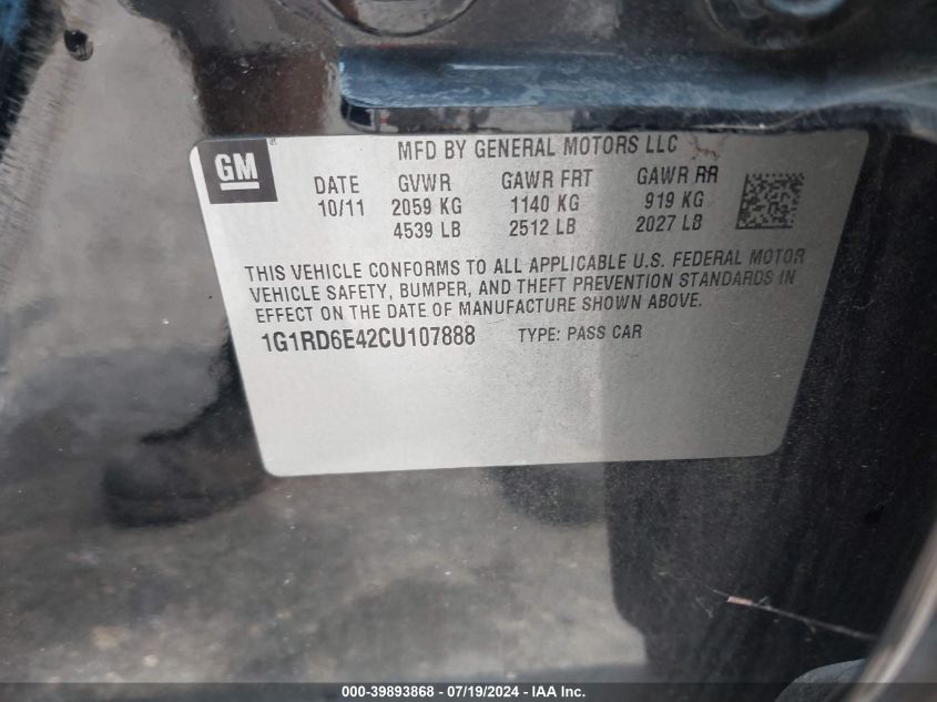 2012 Chevrolet Volt VIN: 1G1RD6E42CU107888 Lot: 39893868