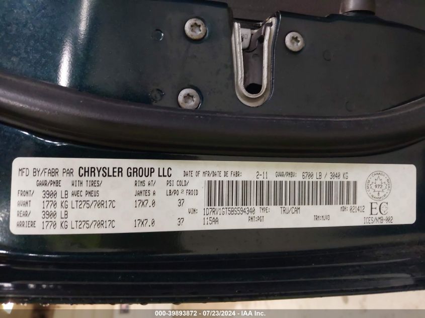 2011 Ram Ram 1500 Slt VIN: 1D7RV1GT5BS594340 Lot: 39893872