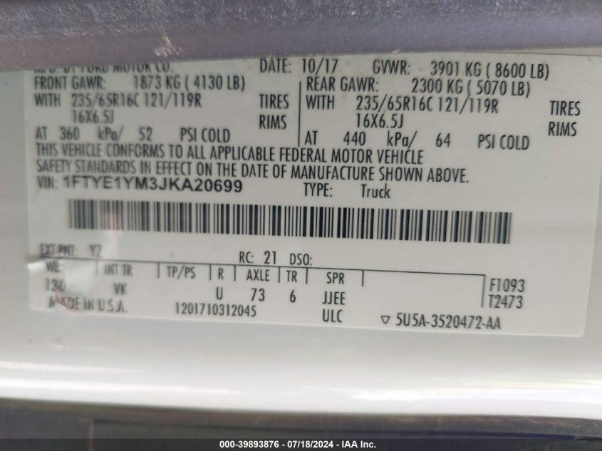 2018 Ford Transit-150 VIN: 1FTYE1YM3JKA20699 Lot: 39893876