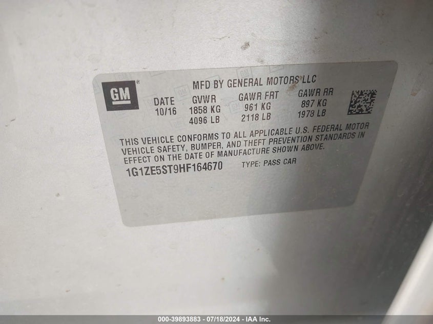 2017 Chevrolet Malibu 1Lt VIN: 1G1ZE5ST9HF164670 Lot: 39893883