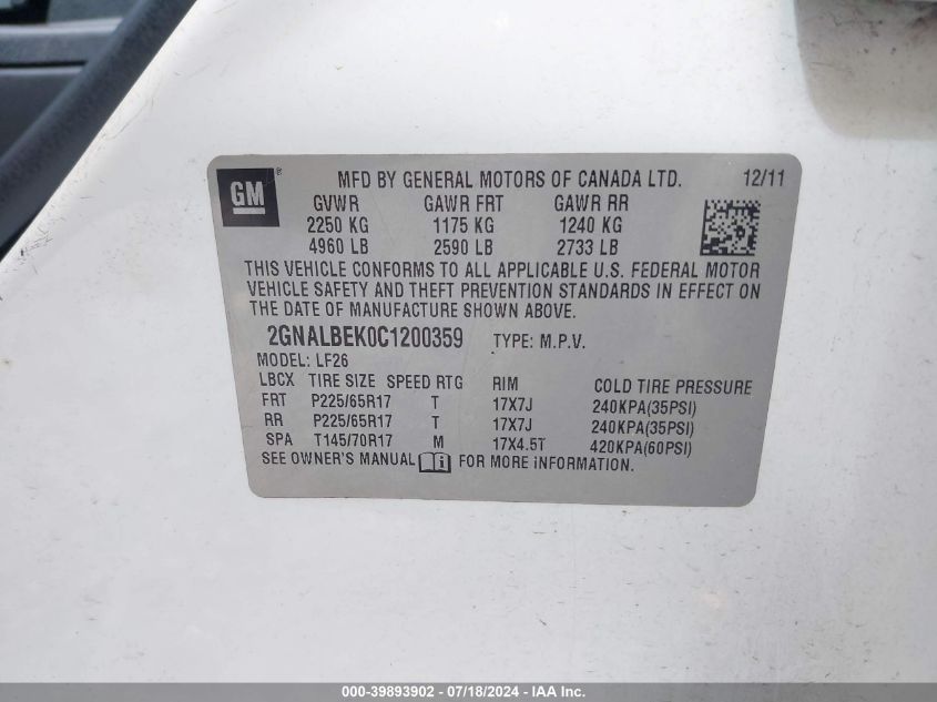 2012 Chevrolet Equinox Ls VIN: 2GNALBEK0C1200359 Lot: 39893902