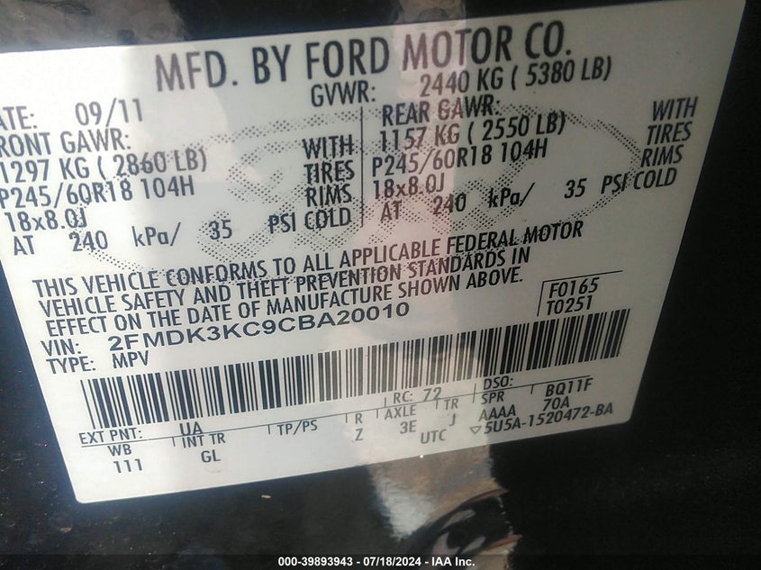 2012 Ford Edge Limited VIN: 2FMDK3KC9CBA20010 Lot: 39893943