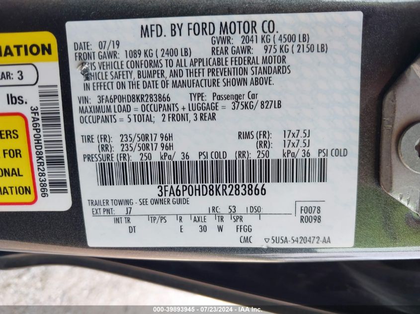 2019 Ford Fusion Se VIN: 3FA6P0HD8KR283866 Lot: 39893945