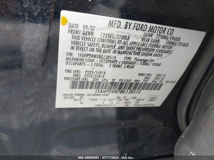 2008 Ford Taurus Sel VIN: 1FAHP24W78G138510 Lot: 39893951