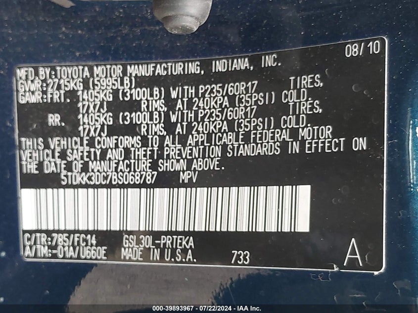 2011 Toyota Sienna Le V6 VIN: 5TDKK3DC7BS068787 Lot: 39893967