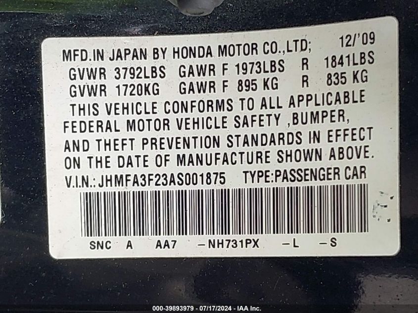 2010 Honda Civic Hybrid VIN: JHMFA3F23AS001875 Lot: 39893979