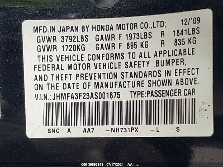 JHMFA3F23AS001875 | 2010 HONDA CIVIC HYBRID