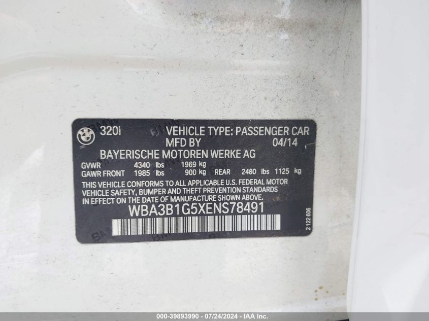 2014 BMW 320I VIN: WBA3B1G5XENS78491 Lot: 39893990