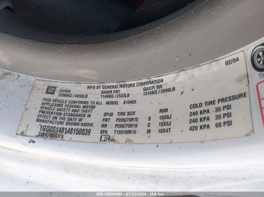 2004 Chevrolet Colorado Fleet VIN: 1GCCS148148150039 Lot: 39893992