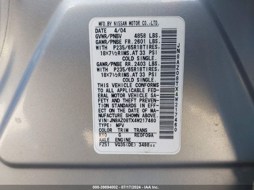2004 Nissan Murano Sl VIN: JN8AZ08TX4W217460 Lot: 39894002