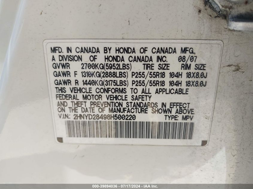 2008 Acura Mdx Technology Package VIN: 2HNYD28498H500220 Lot: 39894036