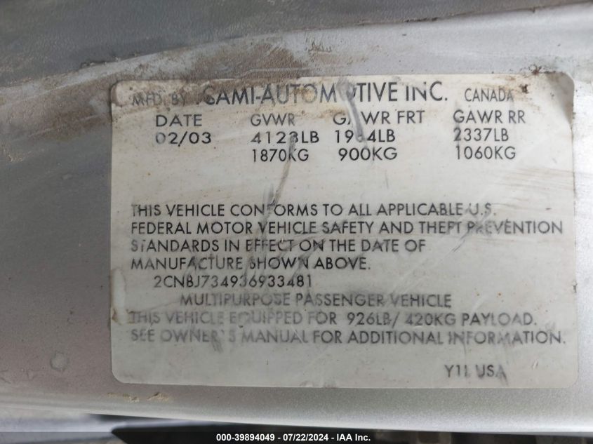 2003 Chevrolet Tracker Hard Top Zr2 VIN: 2CNBJ734936933481 Lot: 39894049