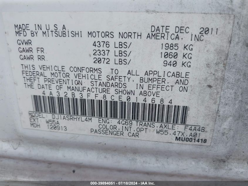 2012 Mitsubishi Galant Es/Se VIN: 4A32B3FF8CE014684 Lot: 39894051