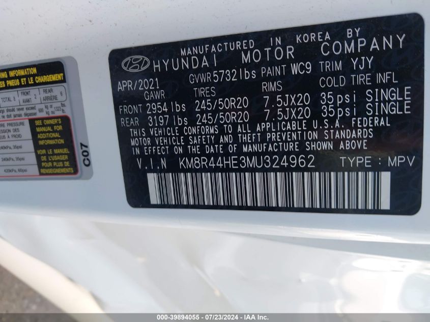 2021 Hyundai Palisade Sel VIN: KM8R44HE3MU324962 Lot: 39894055