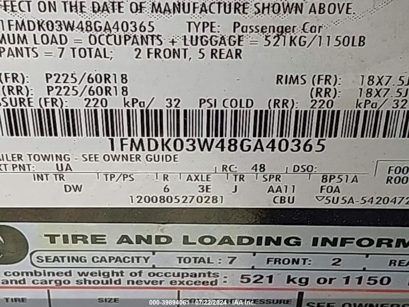 2008 Ford Taurus X Limited VIN: 1FMDK03W48GA40365 Lot: 39894061