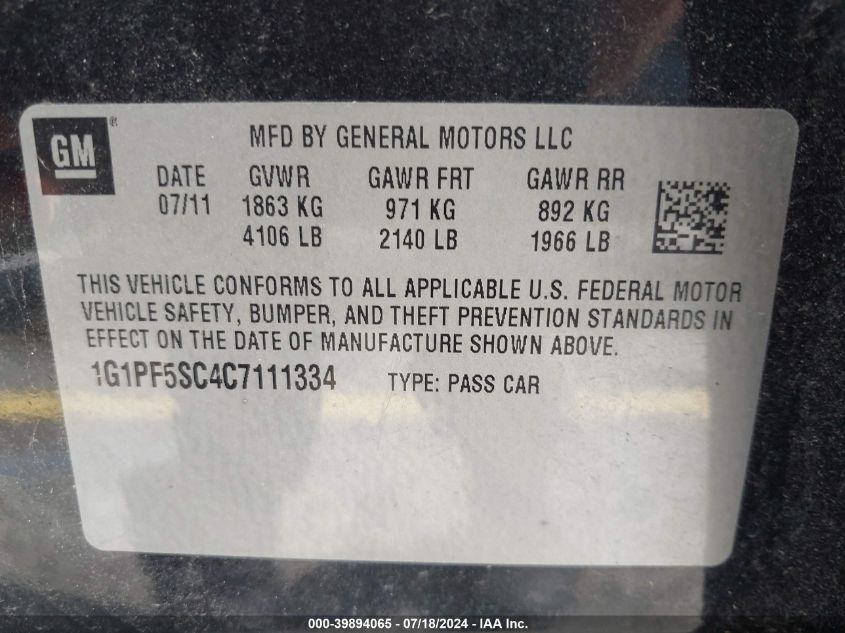 2012 Chevrolet Cruze Lt VIN: 1G1PF5SC4C7111334 Lot: 39894065