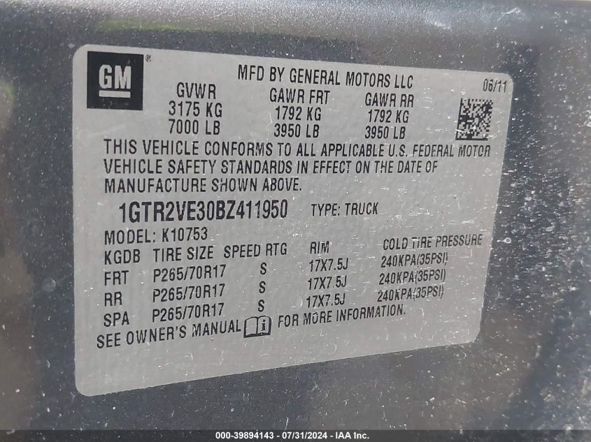 1GTR2VE30BZ411950 2011 GMC Sierra 1500 Sle