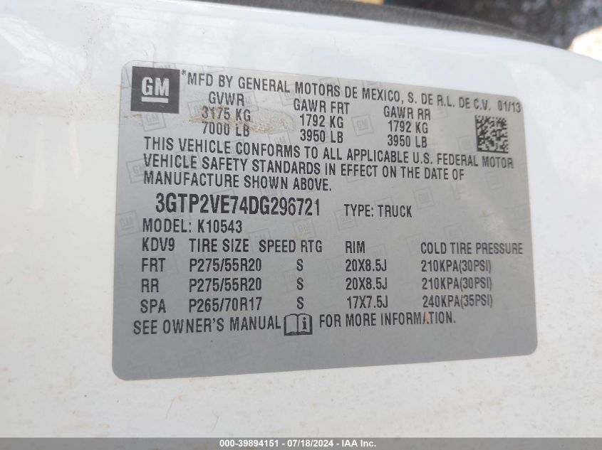 2013 GMC Sierra 1500 Sle VIN: 3GTP2VE74DG296721 Lot: 39894151