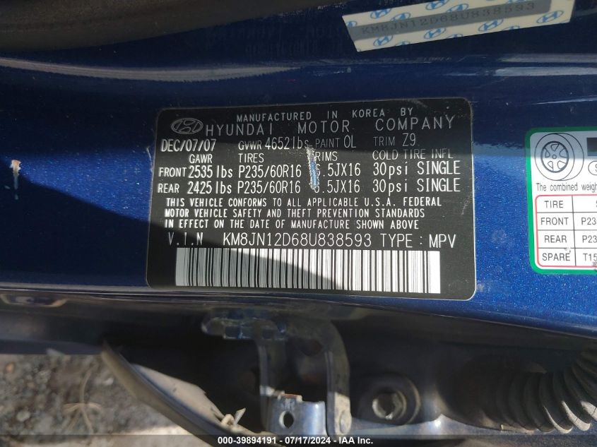 2008 Hyundai Tucson Limited V6/Se VIN: KM8JN12D68U838593 Lot: 39894191