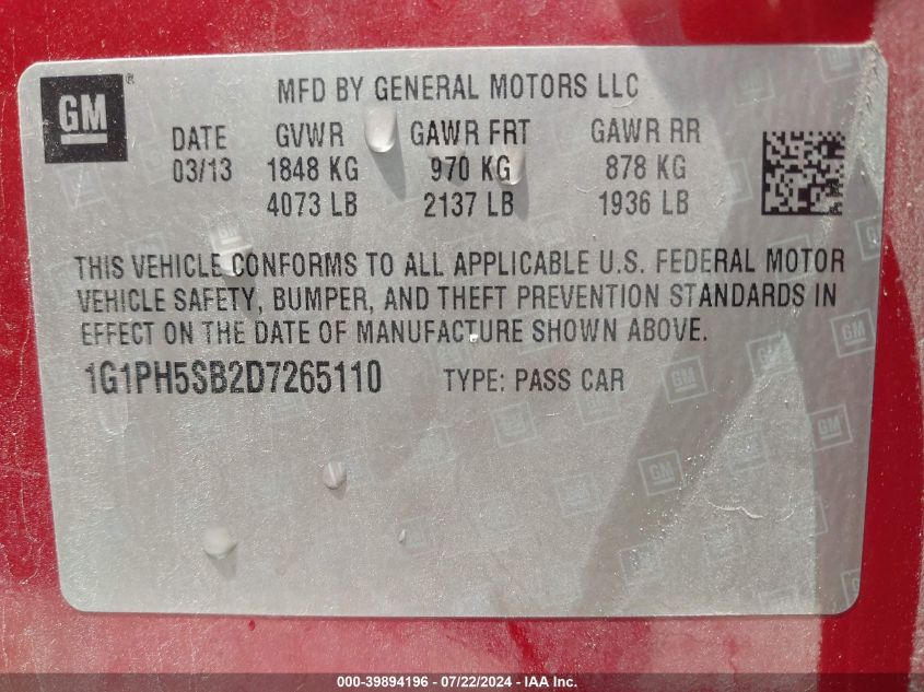 2013 Chevrolet Cruze Eco Auto VIN: 1G1PH5SB2D7265110 Lot: 39894196