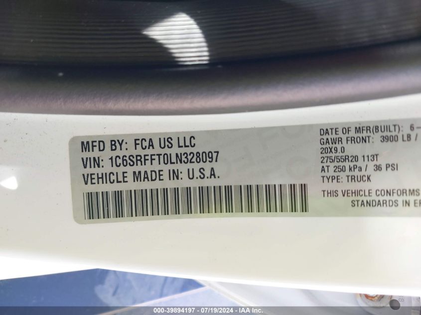2020 Ram 1500 Big Horn 4X4 5'7 Box VIN: 1C6SRFFT0LN328097 Lot: 39894197