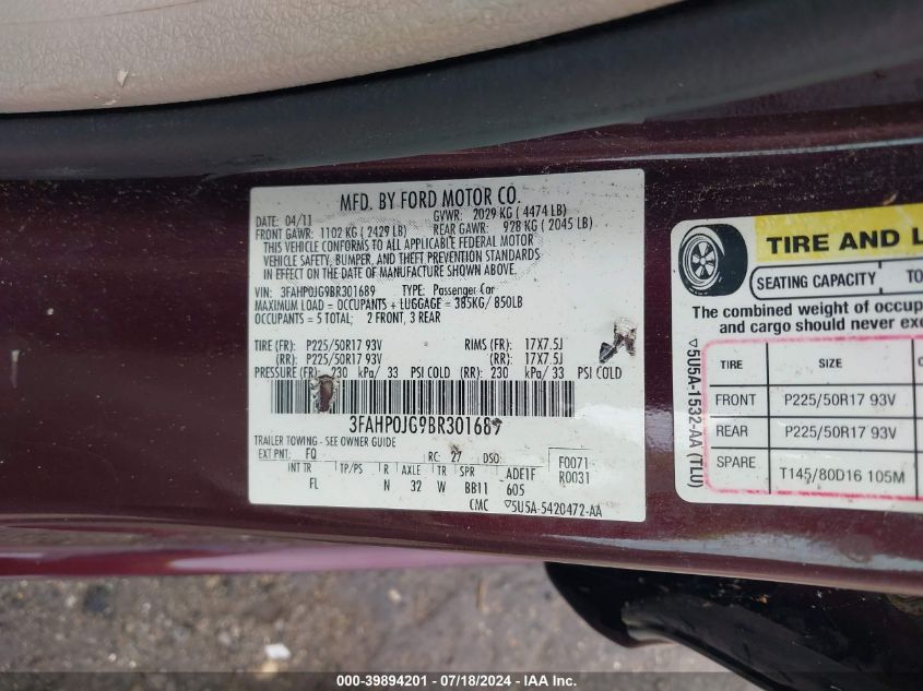 2011 Ford Fusion Sel VIN: 3FAHP0JG9BR301689 Lot: 39894201