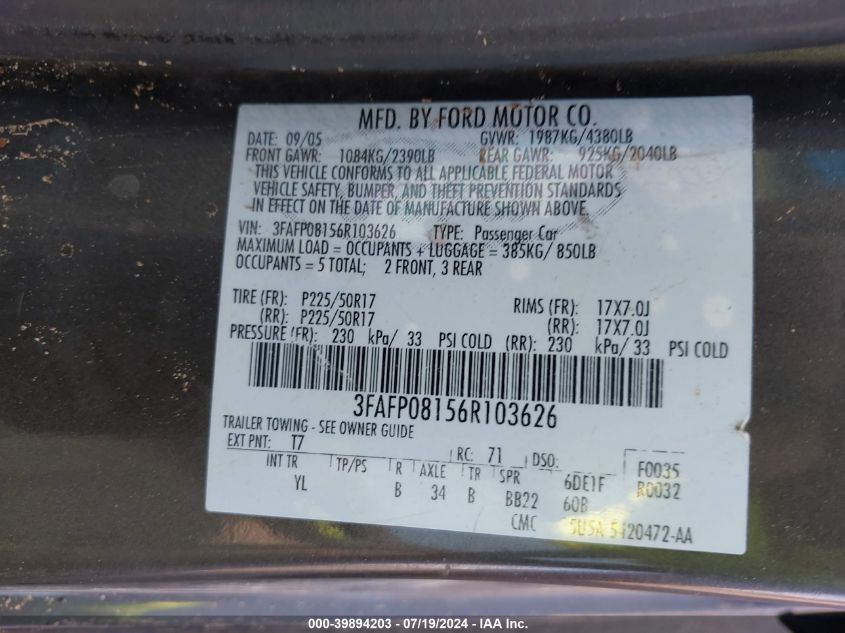 2006 Ford Fusion Sel VIN: 3FAFP08156R103626 Lot: 39894203