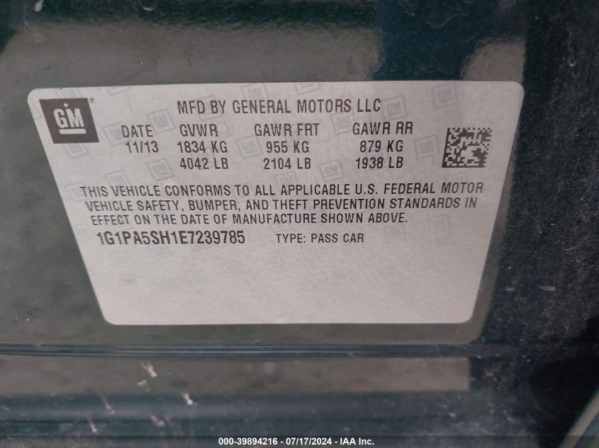 2014 Chevrolet Cruze Ls Auto VIN: 1G1PA5SH1E7239785 Lot: 39894216